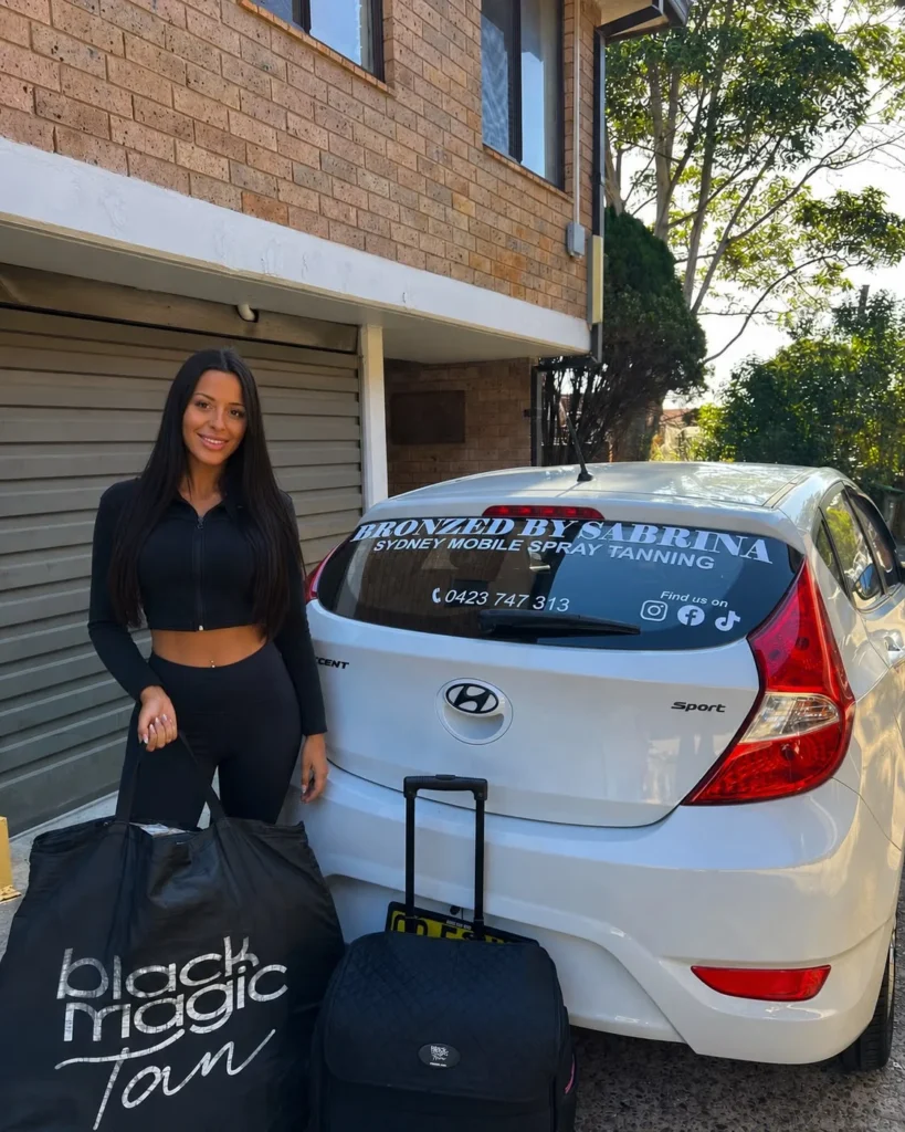 mobile-spray-tan-sydney-about-sabrina Sabrina arriving for a mobile spray tan appointment in Sydney with professional tanning equipment.