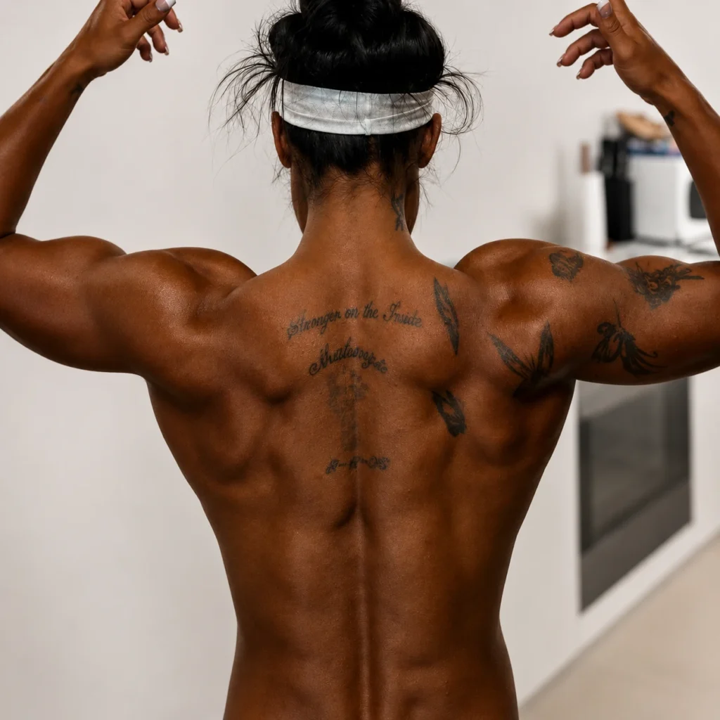 Female bodybuilder showcasing a professional competition spray tan by Bronzed By Sabrina in Sydney