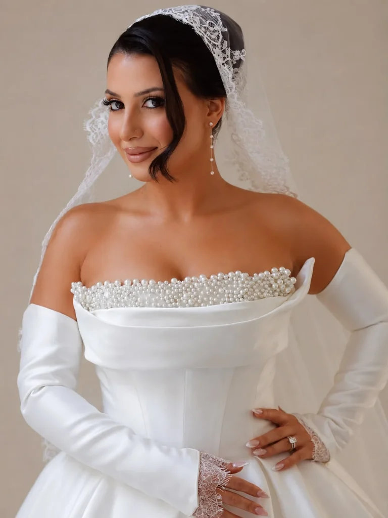 Bride with a flawless luxury spray tan wearing a white wedding dress and veil by Bronzed By Sabrina, Sydney.