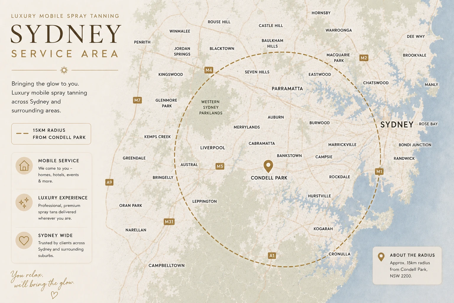 Service area map showing Bronzed By Sabrina's mobile spray tanning coverage across Sydney and surrounding suburbs.