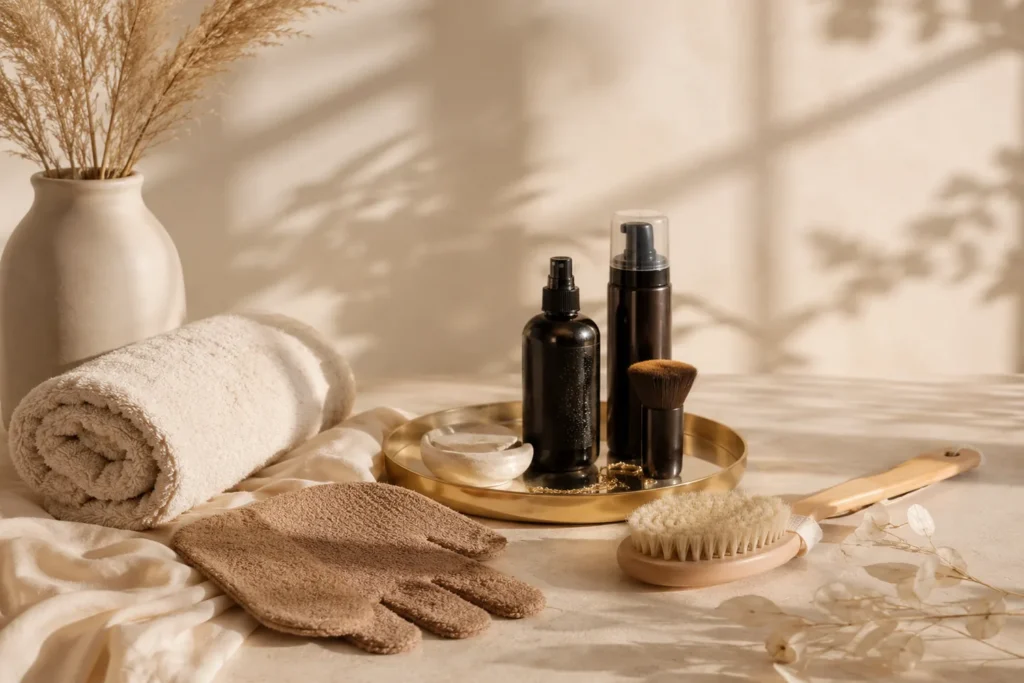 Spray tan preparation and aftercare essentials including exfoliating mitts, body brushes and tanning products